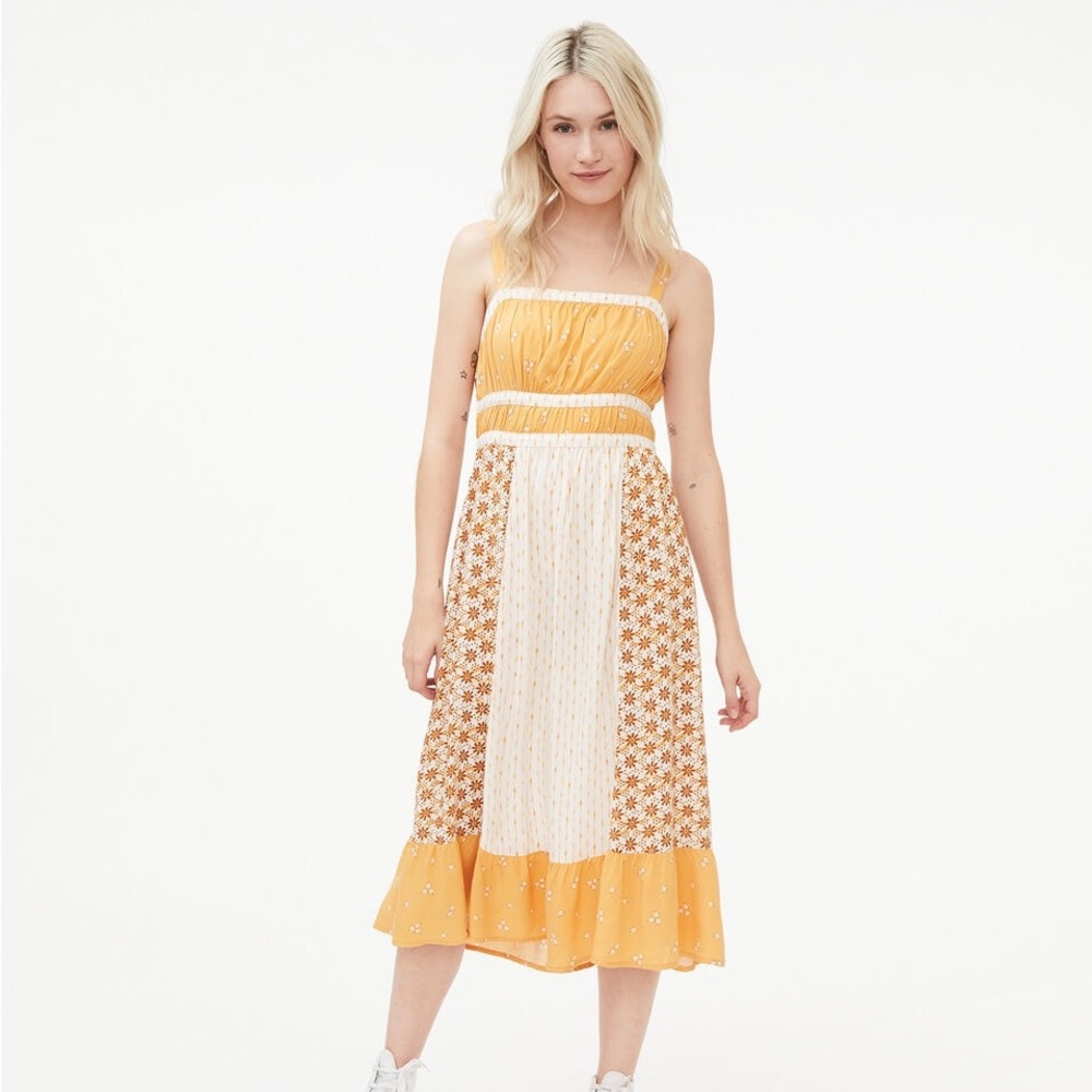 Aéropostale Colorblocked Mixed-Print Tie-Back Midi Dress XS Yellow